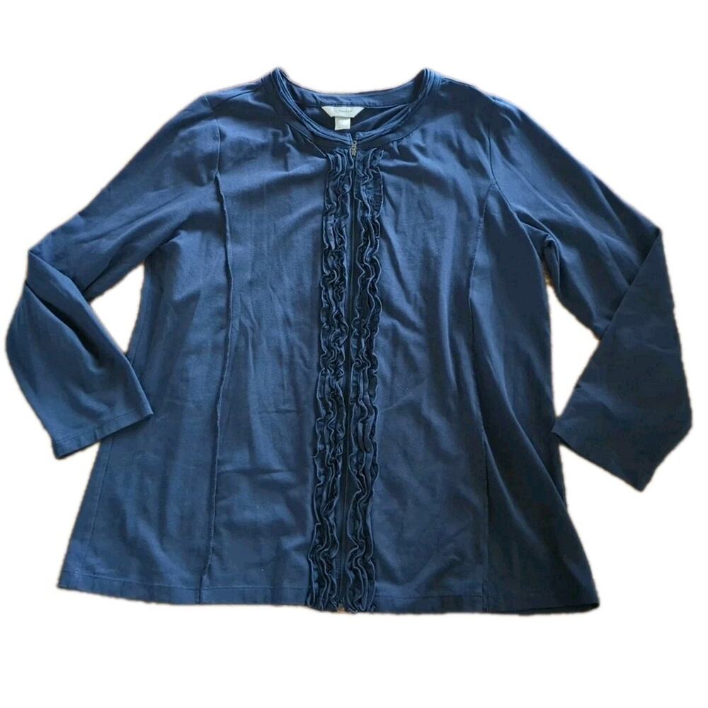 CJ Banks Navy Blue Zip Ruffle Cardigan Shirt Top Womens Size X XL 1X EUC